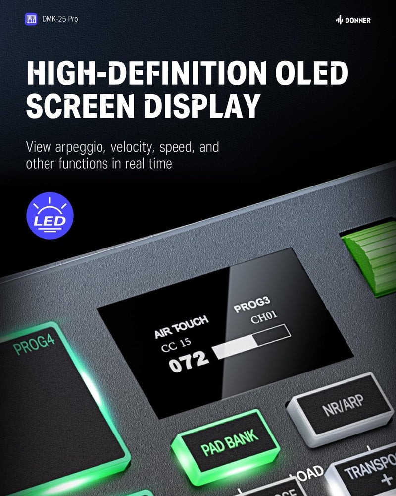 Donner DMK25 برو وحدة تحكم لوحة مفاتيح MIDI، 25 مفتاح مصغر محمول USB-C مع 8 وسادات طبول، شاشة OLED، شريط لمسي مخصص، برنامج إنتاج موسيقي و 40 دورة تعليمية، أخضر - Image 2